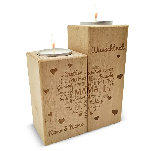GRAVURZEILE graviertes Teelichthalter Set aus Holz - Namensherz Mama - graviert personalisiert mit Namen - Herzliche Geschenke für Mama - Geschenk zum Muttertag Geburtstag Weihnachten von GRAVURZEILE