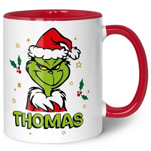 GRAVURZEILE Bedruckte Tasse - Männlicher Grinch - Personalisiert mit Namen - Spülmaschinenfest & Mikrowelle geeignet - Weihnachtstasse als Geschenk für Sie & Ihn zu Weihnachten - Grinch Mann Rot von GRAVURZEILE