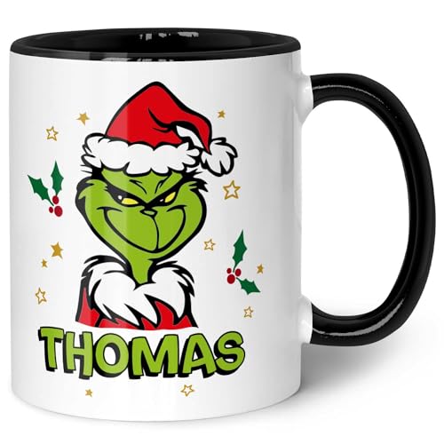 GRAVURZEILE Bedruckte Tasse - Männlicher Grinch - Personalisiert mit Namen - Spülmaschinenfest & Mikrowelle geeignet - Weihnachtstasse als Geschenk für Sie & Ihn zu Weihnachten - Grinch Mann S/W von GRAVURZEILE