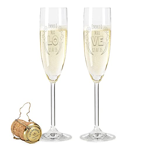 Leonardo Sektgläser mit Gravur von Namen & Datum im - Rose & Love Design - als Geschenk zur Verlobung Jahrestag oder zur Hochzeit - Personalisiert mit Wunschgravur - das perfekte Hochzeitsgeschenk von GRAVURZEILE
