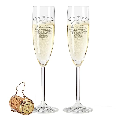 Leonardo Sektglas - Amore Design - personalisiert mit Namen & Datum - Geschenk zur Hochzeit, Verlobung & Jahrestag oder Valentinstag - ein perfektes Hochzeitsgeschenk - im Set von GRAVURZEILE