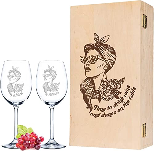 Leonardo Weingläser im Set - Rockabilly Girl Design - Personalisiert mit Namen - Im Geschenk Set mit gravierter Holzkiste - Geschenke zum Mädels Abend Junggesellinnen Abschied Leonardo Weingläser im Set - Rockabilly Girl Design - Personalisiert mit Namen - Im Geschenk Set mit gravierter Holzkiste - Geschenke zum Mädels Abend Junggesellinnen Abschied von GRAVURZEILE