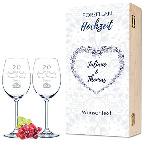 Leonardo Weingläser mit Gravur - Porzellan Hochzeit Design - Personalisiert mit Namen & Datum inkl. Holzkiste - Geschenk zur Hochzeit Verlobung Jahrestag Farbe Daily von GRAVURZEILE
