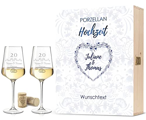 Leonardo Weingläser mit Gravur - Porzellan Hochzeit Design - Personalisiert mit Namen & Datum inkl. Holzkiste - Geschenk zur Hochzeit Verlobung Jahrestag Farbe Große Kiste UV von GRAVURZEILE