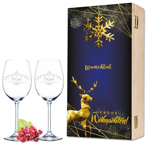 Leonardo Weingläser mit Gravur - Weihnachtshirsch Design - Personalisiert mit Namen & Wunschtext als Set inkl. Holzkiste - Weinachtsgeschenk für Männer & Frauen - Farbe: Dunkelblau Leonardo Weingläser mit Gravur - Weihnachtshirsch Design - Personalisiert mit Namen & Wunschtext als Set inkl. Holzkiste - Weinachtsgeschenk für Männer & Frauen - Farbe: Dunkelblau von GRAVURZEILE