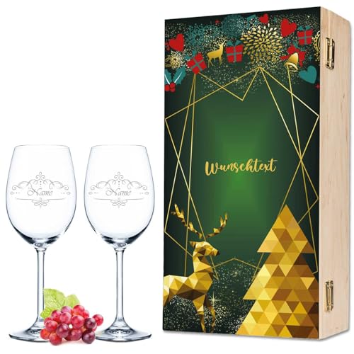 Leonardo Weingläser mit Gravur - Weihnachtshirsch Design - Personalisiert mit Namen & Wunschtext als Set inkl. Holzkiste - Weinachtsgeschenk für Männer & Frauen - Farbe: Grün von GRAVURZEILE
