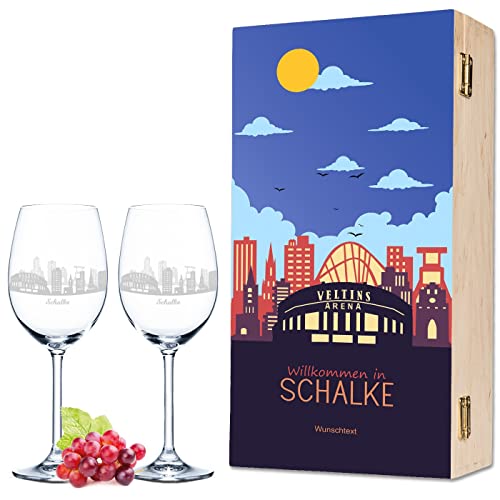 Leonardo Weingläser mit Skyline Schalke Gravur als Set inkl. bedruckter Holzkiste Weingeschenk - Souvenir Andenken & Mitbringsel - Geburtstagsgeschenk für Sie & Ihn von GRAVURZEILE