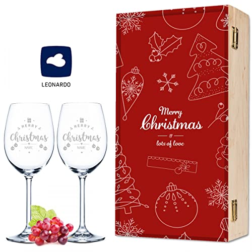 Leonardo Weinglas mit Gravur - Doodle Design - Personalisiert mit Name inkl. bedruckter Holzkiste - Geschenk zu Weihnachten für Weingenießer - Geschenk für Sie & Ihn - Farbe: Kleine Kiste von GRAVURZEILE