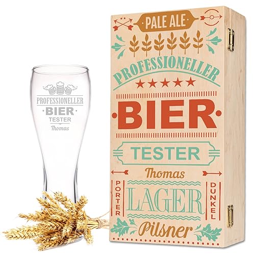 Leonardo Weizenglas mit Gravur - Professioneller Biertester - Personalisiert mit Namen inkl. Holzkiste - Geschenke für Papa zum Vatertag - Geschenk für Bierkenner - Geschenkidee für Ihn - 500 ml von GRAVURZEILE