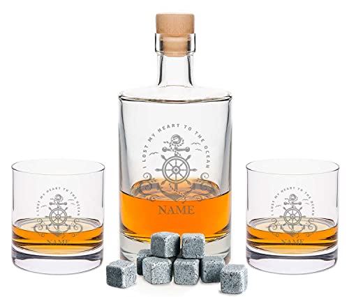 Leonardo gravierte Whiskygläser & Karaffe im Set - Heart of the Ocean Design - 2x Whisky Gläser personalisiert mit Name - inkl. 500 ml Dekanter & 8x Kühlsteine - Geschenk für Papa zum Vatertag von GRAVURZEILE