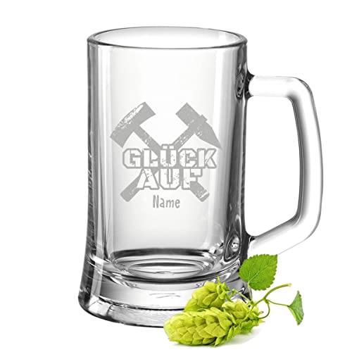 GRAVURZEILE Bierkrug mit Gravur - Glück auf mit Schlägel + Eisen - Personalisiert mit Namen - Geschenk für Bergmänner - Geschenke für alle Zeche & Bergbau Männer - Größe 0,5 L von GRAVURZEILE