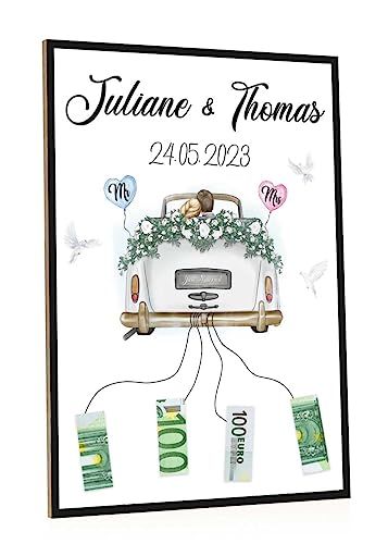 Personalisierte Hochzeitsgeschenke für Brautpaar - Poster & Kunstdruck auf Holz - Personalisierte Geschenke mit Namen & Datum - Zur Hochzeit - Geldgeschenk - Bilder für die Ewigkeit - Just Married von GRAVURZEILE