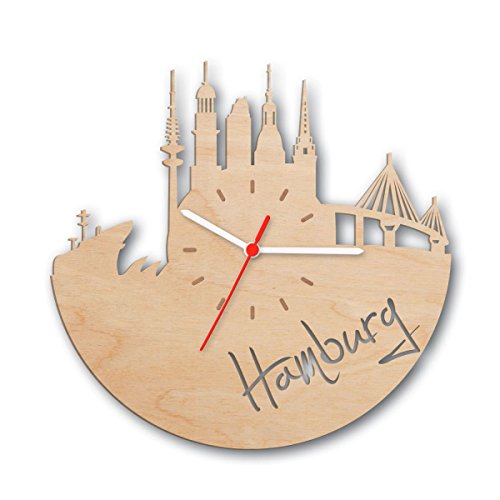 Skyline Hamburg 2017 Wanduhr aus Birken-Holz Made in Germany | Design Uhr aus Echtholz | Wand-Deko aus Birke | Originelle Wand-Uhr | Moderne Wand-Uhr im Skyline Design | Wand-Dekoration aus Natur-Holz von GRAVURZEILE