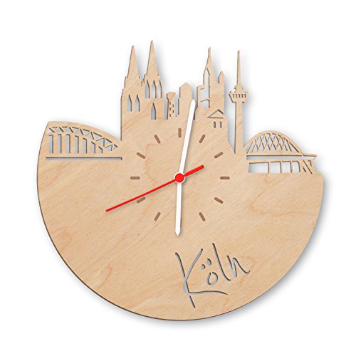 GRAVURZEILE Skyline Köln Wanduhr aus Birken-Holz Made in Germany Design Uhr aus Echtholz Wand-Deko aus Birke | Originelle Wand-Uhr Moderne Wand-Uhr im Skyline Design Wand-Dekoration aus Natur-Holz von GRAVURZEILE