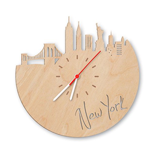 Skyline New York Wanduhr aus Birken-Holz Made in Germany | Design Uhr aus Echtholz | Wand-Deko aus Birke | Originelle Wand-Uhr | Moderne Wand-Uhr im Skyline Design | Wand-Dekoration aus Natur-Holz von GRAVURZEILE