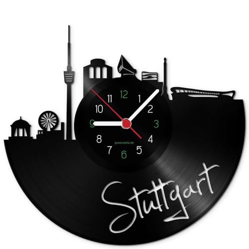 GRAVURZEILE Schallplattenuhr - Skyline Stuttgart - Wanduhr aus gegossenem Vinyl mit Stadt Skyline 30 cm - Upcycling Design-Uhr Wand-Deko Vintage Wand-Dekoration Retro-Uhr - Made in Germany von GRAVURZEILE