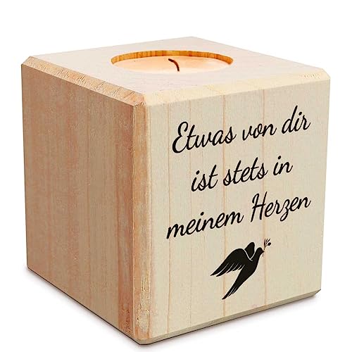 Trauerlicht - Etwas von dir - Teelichthalter mit Gravur aus Holz - Grabschmuck - Trauergeschenk - Gedenklicht - Erinnerungslicht - Kerze zur Trauerbewältung - Holzwürfel von GRAVURZEILE