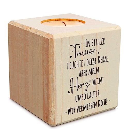 Trauerlicht - In Stiller Trauer - Teelichthalter mit Gravur aus Holz - Grabschmuck - Trauergeschenk - Gedenklicht - Erinnerungslicht - Kerze zur Trauerbewältung - Holzwürfel von GRAVURZEILE