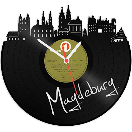 GRAVURZEILE Schallplattenuhr - Skyline Magdeburg - Wanduhr aus gegossenem Vinyl mit Stadt Skyline 30 cm - Upcycling Design-Uhr Wand-Deko Vintage Wand-Dekoration Retro-Uhr - Made in Germany von GRAVURZEILE