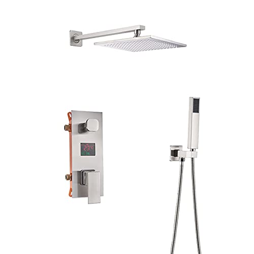 Duschsystem Verdeckter Duschhahn aus gebürstetem Nickel Temperaturanzeige Duschkombinationsset mit Handbrause und quadratischem Regenduschkopf Wanne und Duschverkleidungsset, Typ a, 10 Zoll (Color : von GRAWIT
