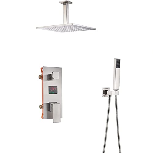 Duschsystem Verdeckter Duschhahn aus gebürstetem Nickel Temperaturanzeige Duschkombinationsset mit Handbrause und quadratischem Regenduschkopf Wanne und Duschverkleidungsset, Typ a, 10 Zoll (Color : von GRAWIT