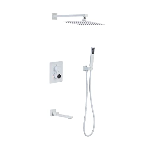 Duschsystem Wandmontiertes Duscharmatur-Set mit LED-Digitalanzeige Dusch-Kombi-Set 3 Funktionen Regenmischer-Kombi-Set mit quadratischem 10-Zoll-Regenduschkopf, Badewannenauslauf, Handbrause, Schwarz von GRAWIT