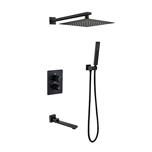 Duschsystem Wandmontiertes Duscharmatur-Set mit LED-Digitalanzeige Dusch-Kombi-Set 3 Funktionen Regenmischer-Kombi-Set mit quadratischem 10-Zoll-Regenduschkopf, Badewannenauslauf, Handbrause, Schwarz von GRAWIT
