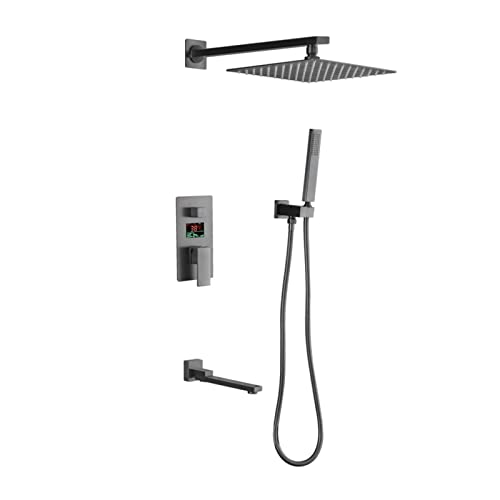 Duschsystem Wandmontiertes Duscharmatur-Set mit LED-Digitalanzeige Dusch-Kombi-Set Einhand-Regenmischer-Kombi-Set mit Badewannenauslauf, Handbrause, 10" Regenduschkopf,Chrom (Color : Gun von GRAWIT
