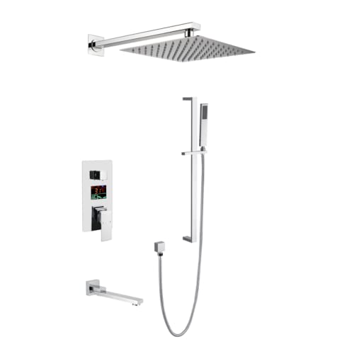 GRAWIT Duschsystem Wandmontiertes Duscharmatur-Set mit LED-Digitalanzeige Dusch-Kombi-Set 10" Regenduschkopf Regenmischer-Kombi-Set mit Badewannenauslauf, Handbrause, 27,5" Brausestange, Schwarz von GRAWIT