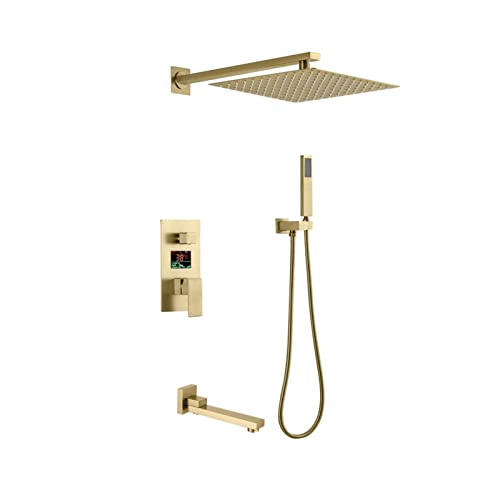 GRAWIT Duschsystem Wandmontiertes Duscharmatur-Set mit LED-Digitalanzeige Dusch-Kombi-Set Einhand-Regenmischer-Kombi-Set mit Badewannenauslauf, Handbrause, 10" Regenduschkopf,Chrom (Color : Bru von GRAWIT