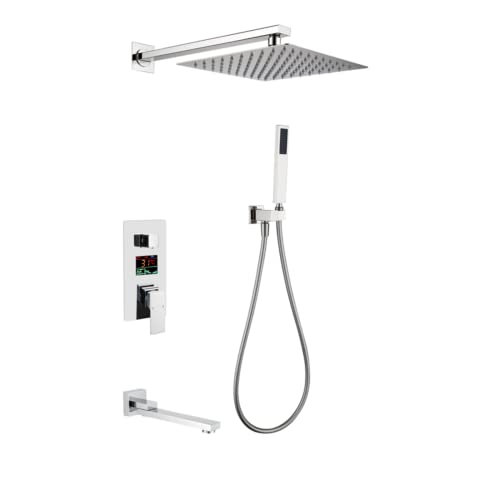 GRAWIT Duschsystem Wandmontiertes Duscharmatur-Set mit LED-Digitalanzeige Dusch-Kombi-Set Einhand-Regenmischer-Kombi-Set mit Badewannenauslauf, Handbrause, 10" Regenduschkopf,Chrom (Color : Cro von GRAWIT