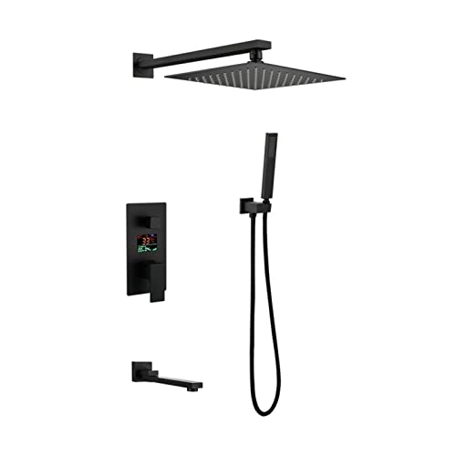 GRAWIT Duschsystem Wandmontiertes Duscharmatur-Set mit LED-Digitalanzeige Dusch-Kombi-Set Einhand-Regenmischer-Kombi-Set mit Badewannenauslauf, Handbrause, 10" Regenduschkopf,Chrom (Color : Ner von GRAWIT