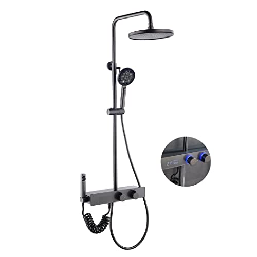 GRAWIT Regenduschsystem 9-Zoll-LED-Digitalanzeige-Duscharmatur-Set Wandbrause-Kombinationsset Messing-Regenmischer-Dusche mit Duschkopf, Wanneneinlauf, 3-Modus-Handbrause, Bidet-Sprayer,Grau (Color : von GRAWIT