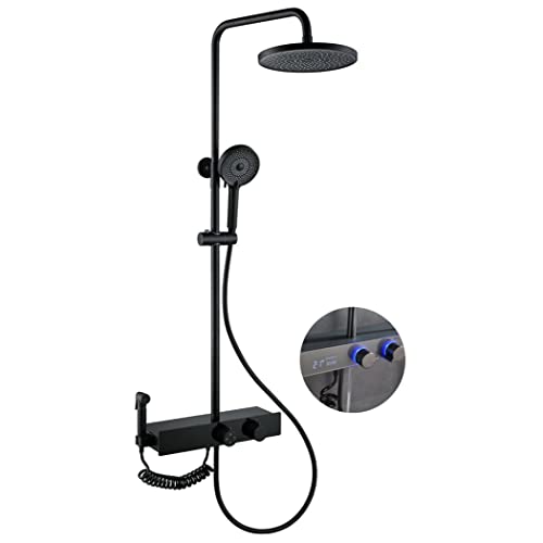 GRAWIT Regenduschsystem 9-Zoll-LED-Digitalanzeige-Duscharmatur-Set Wandbrause-Kombinationsset Messing-Regenmischer-Dusche mit Duschkopf, Wanneneinlauf, 3-Modus-Handbrause, Bidet-Sprayer,Grau (Color : von GRAWIT
