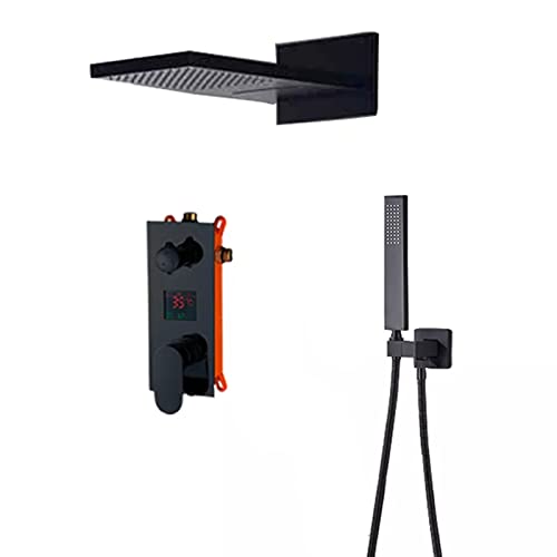 GRAWIT Schwarzes Regenduschsystem mit 2-Funktions-Duschkopf und Handbrause, an der Wand montierte Duscharmaturen aus Messing mit Temperaturanzeige Beautiful Scenery von GRAWIT