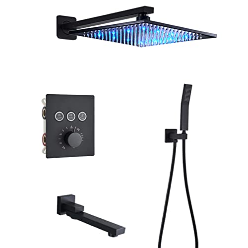 GRAWIT Thermostatisches Duschsystem Mattschwarzes, Unterputz-Duscharmatur-Set mit LED-Regenduschkopf und Handbrause, Badewannenfüller, Wandhalterung 12 Zoll (Size : Wall Mount 12in) Beautiful Scenery von GRAWIT