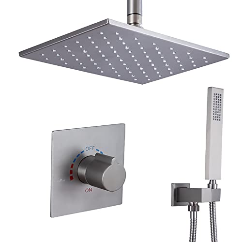 LED-Duschsystem, Duscharmatur-Set 12 * 8 Zoll Regendusche Combo Set Einhand-Wanne mit heißem und kaltem Wasser und Duschverkleidungsset mit Handbrause und Regenduschkopf zur Deckenmontage, Nickel von GRAWIT