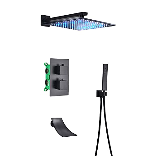 LED-Duschsystem, Thermostat, Unterputz-Duscharmatur, schwarzes Duschkombinationsset mit Handbrause und quadratischem Regenduschkopf, Wasserfall-Wanne, Auslauf, Wanne und Duschverkleidungsset, Typ B, von GRAWIT