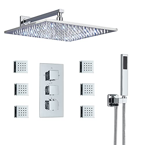 LED-Duschsystem, Thermostat-Duscharmatur-Set, Wandmontage, verchromtes Regenduschen-Kombinationsset, 3-Wege-Duschmischer-Set mit 12/16 Zoll Regenduschkopf, Handbrause, 6 * Körperdüsen, 16 Zoll (Size : von GRAWIT