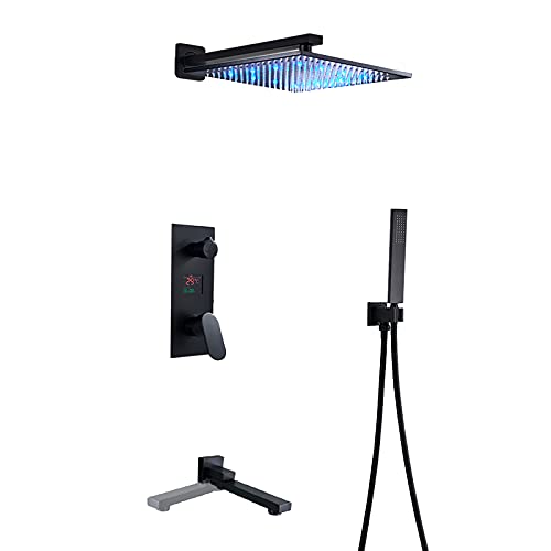 LED-Duschsystem mit Digitalanzeige, schwarzes Duscharmatur-Set mit schwenkbarem Wannenauslauf, Regenmischer-Duschkombinationsset mit wandmontiertem Regenduschkopfsystem mit Handbrausegarnitur, 12 Zoll von GRAWIT