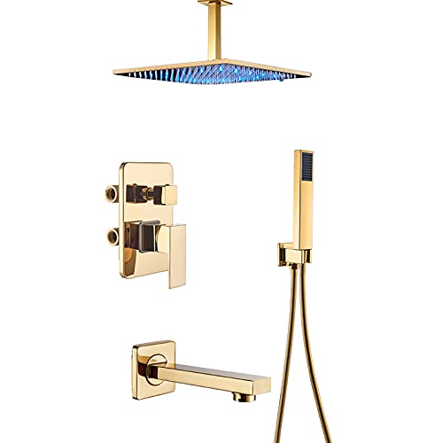 LED-Duschsystem mit Wannenauslauf, quadratischem Regenduschkopfsystem mit Handbrausegarnitur, Deckenmontage, Golden Shower Wasserhahn-Set, 10 Zoll (größe : 8 Zoll) Beautiful Scenery von GRAWIT