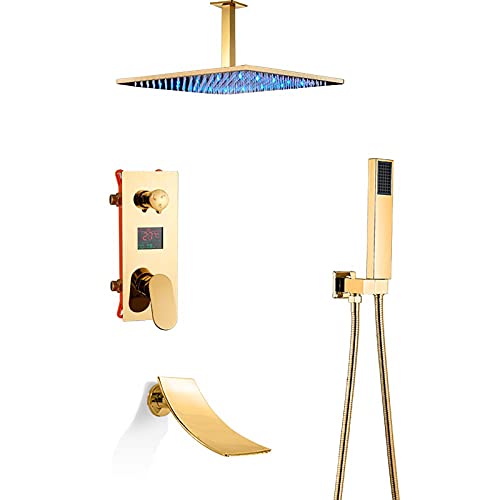 LED-Duschsystem mit Wanneneinlauf, verdeckter Duscharmatur mit Handbrause und quadratischem Regenduschkopf, Duschkombinationsset, Temperaturanzeige, Goldwanne und Duschverkleidungsset, Typ a, 8 Zoll von GRAWIT