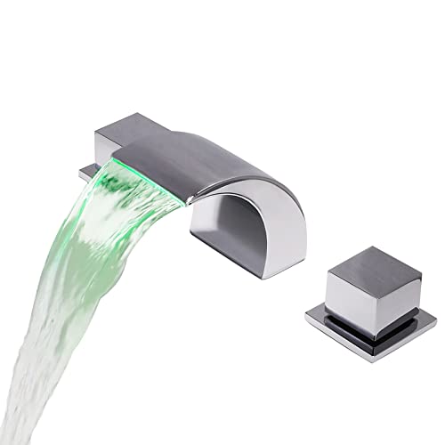 LED Waschbecken Wasserhahn Wasserfall Badezimmer Wasserhahn Doppelgriff 3 Löcher Waschbecken Mischbatterie Messing Schiff Waschbecken Wasserhahn Deck Montiert Waschbecken Wasserhahn, 3 Farbwechsel, von GRAWIT