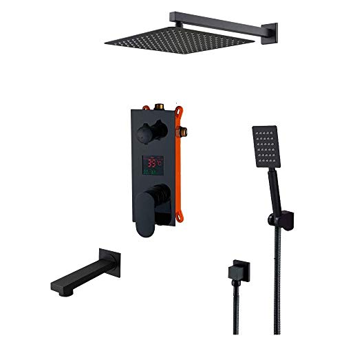 Regenduschsystem mit Digitalanzeige, Badezimmer-Duscharmatur-Set, Wandmontage, mattschwarzes Duschkombinationsset mit Duschkopf, Handbrause, Badewannenarmatur, eingebetteter Box, 8 Zoll (Größe : 10 von GRAWIT