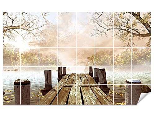 GRAZDesign Fliesenaufkleber Bad Klebefliesen See Steg Natur Braun Fliesenbild selbstklebend - Bild: 105x70cm (BxH) von GRAZDesign