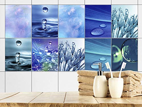 GRAZDesign Fliesenaufkleber Bad Blau Wasser Tropfen, Fliesensticker Fliesen zum Aufkleben Klebefolie für Badfliesen (Set 10 Stück, 20x25cm) von GRAZDesign