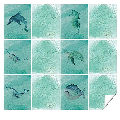 GRAZDesign Fliesenaufkleber Bad Fische Fliesenfolie für Badfliesen Klebefliesen glänzend - Fische mit Grün Muster von GRAZDesign