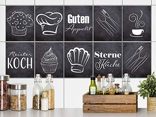 GRAZDesign Fliesenaufkleber Küche Guten Appetit Grau Anthrazit, Klebefliesen Wandfliese - Set 10 Stück von GRAZDesign