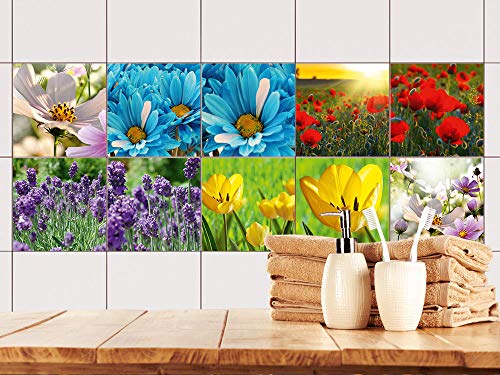 GRAZDesign Fliesenaufkleber Set Blumen aus der Natur Wandfliesen selbstklebend, Klebefliesen - 10x10cm / Set 10 Stück von GRAZDesign