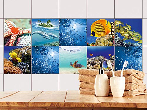 GRAZDesign Fliesenaufkleber Küche Bad Fische Koralle, Klebefolie Klebefliesen, alte Küchenfliesen Badfliesen überkleben, Fliesenbild selbstklebend Fliesen - 10x10cm / Set 10 Stück von GRAZDesign